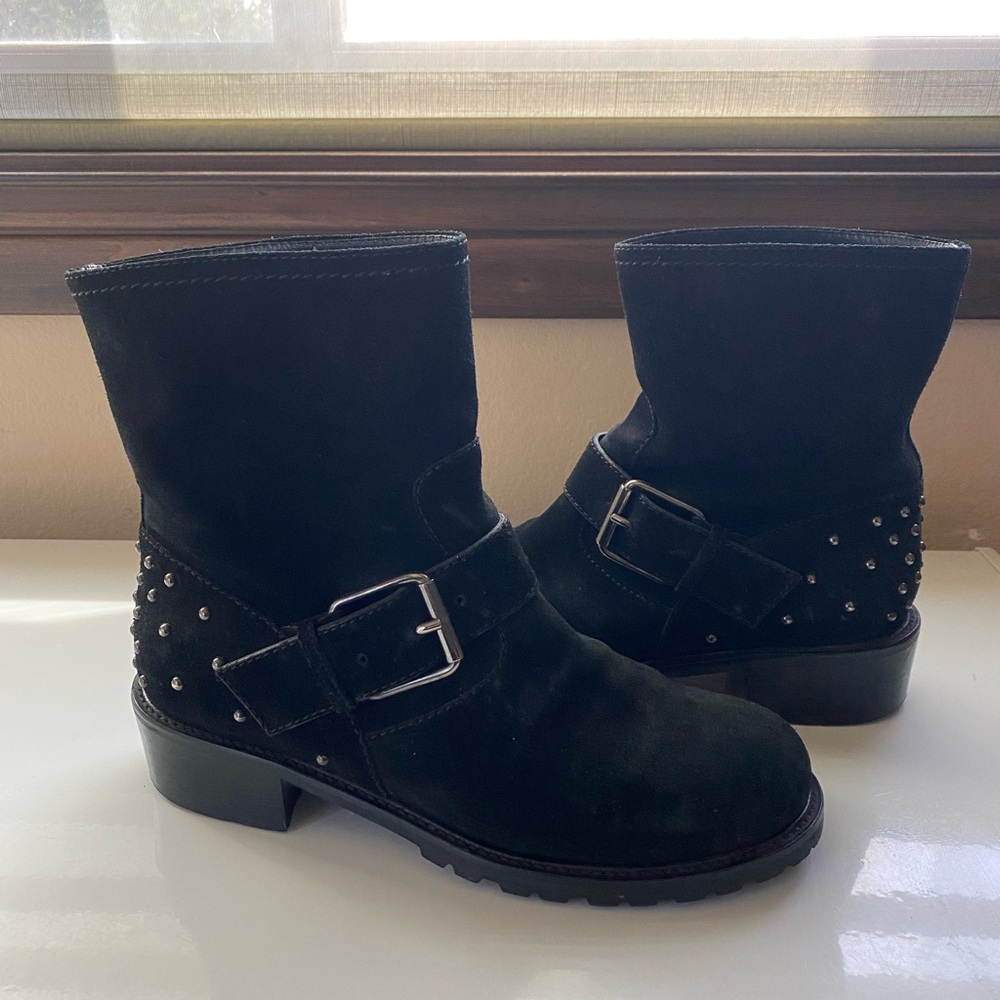 Barney’s New York Black suede studded strap moto leather boots Italy 39 …